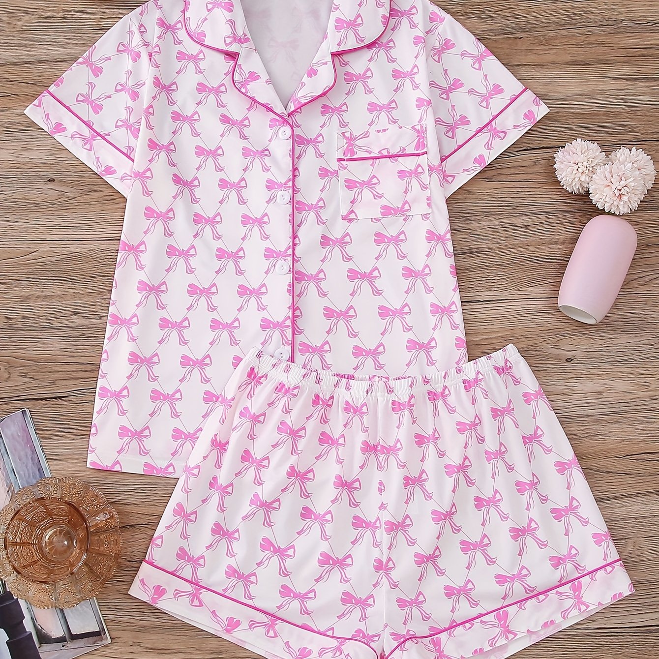TEMU A Set Of Pink Bow Themed Women's Casual Wear, Including A Short Sleeved Cardigan And Elastic Pants, Suitable For Casual Outdoor Wear And Pajamas