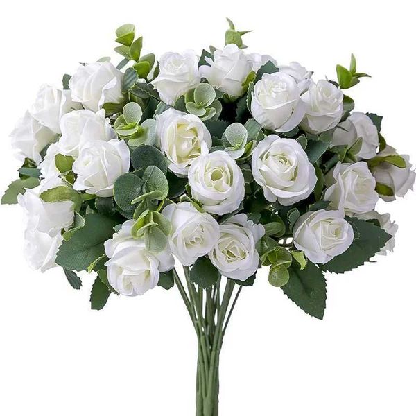 11 heads 1pcs artificial flowers silk roses white eucalyptus leaves peony bouquets fake flowers for wedding tables party vases home decorati