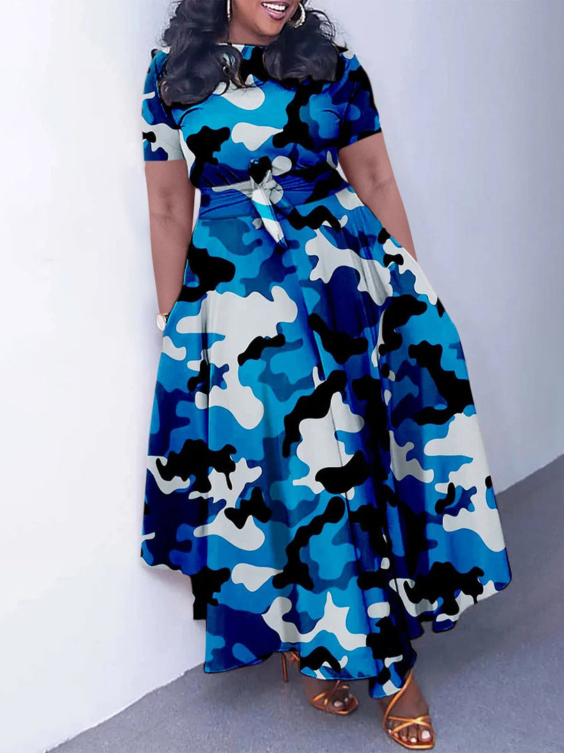 S85Women&#039;s new fashion temperament lace-up African plus size short-sleeved big swing foreign trade dress