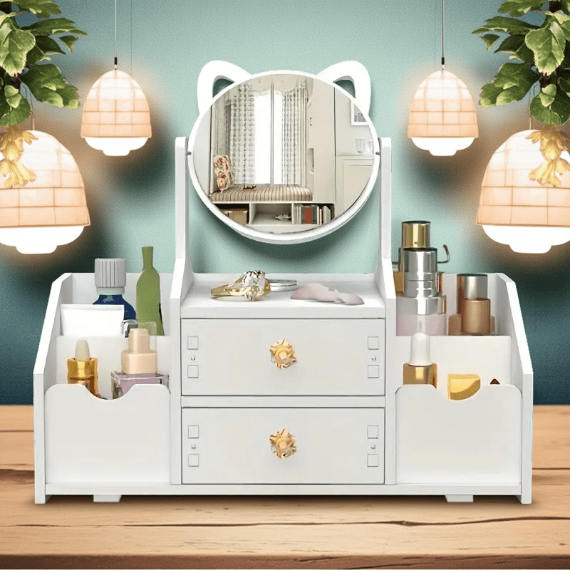 TEMU Cat Ear Makeup Mirror With Drawers And Storage Space - Cute White Makeup Organizer, Girls' Desktop Makeup Mirror - Large Mirror+shelf+drawer,