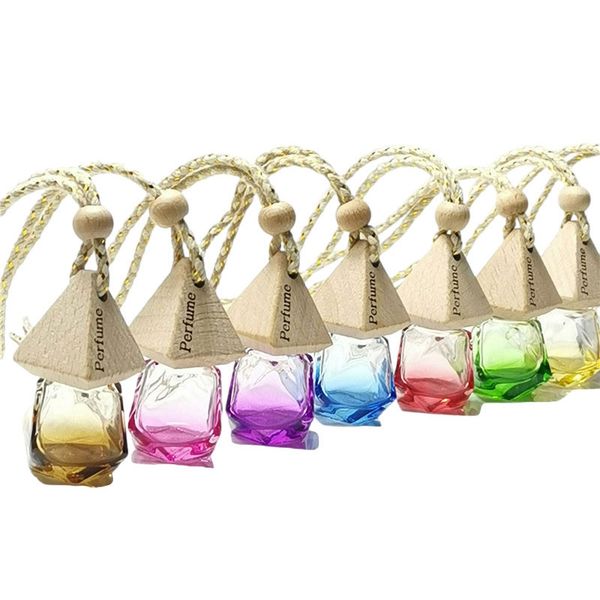 Diamond Car Perfume Bottle Pendant Essential Oil Diffuser Pendant Glass Ornaments Rhombic Empty Bottles Wooden Lid Air Freshener HY0466