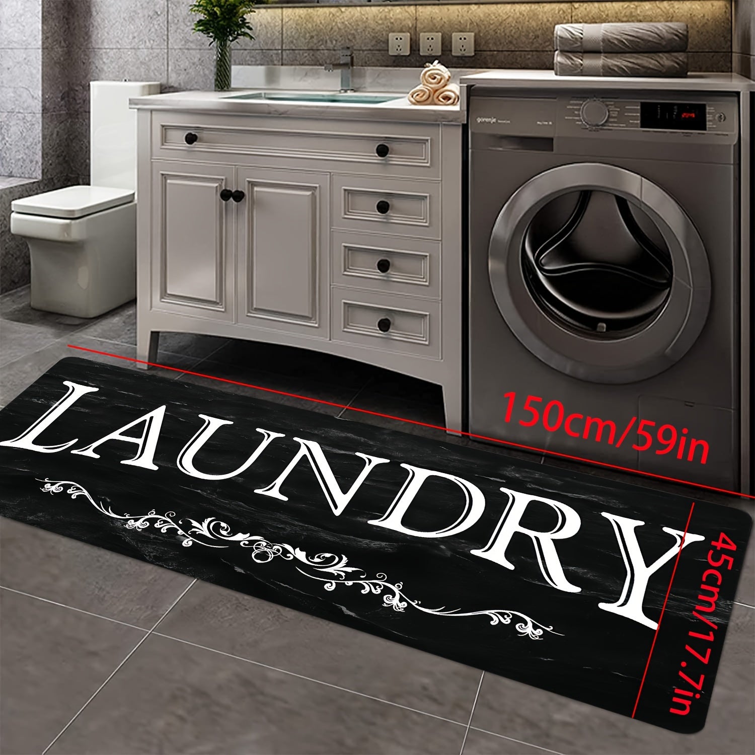 TEMU 1pc Black & White "laundry" Text Mat - High Quality Non-slip Machine-washable Mat, Soft Comfortable Floor Mat With Lettering For Laundry Room,