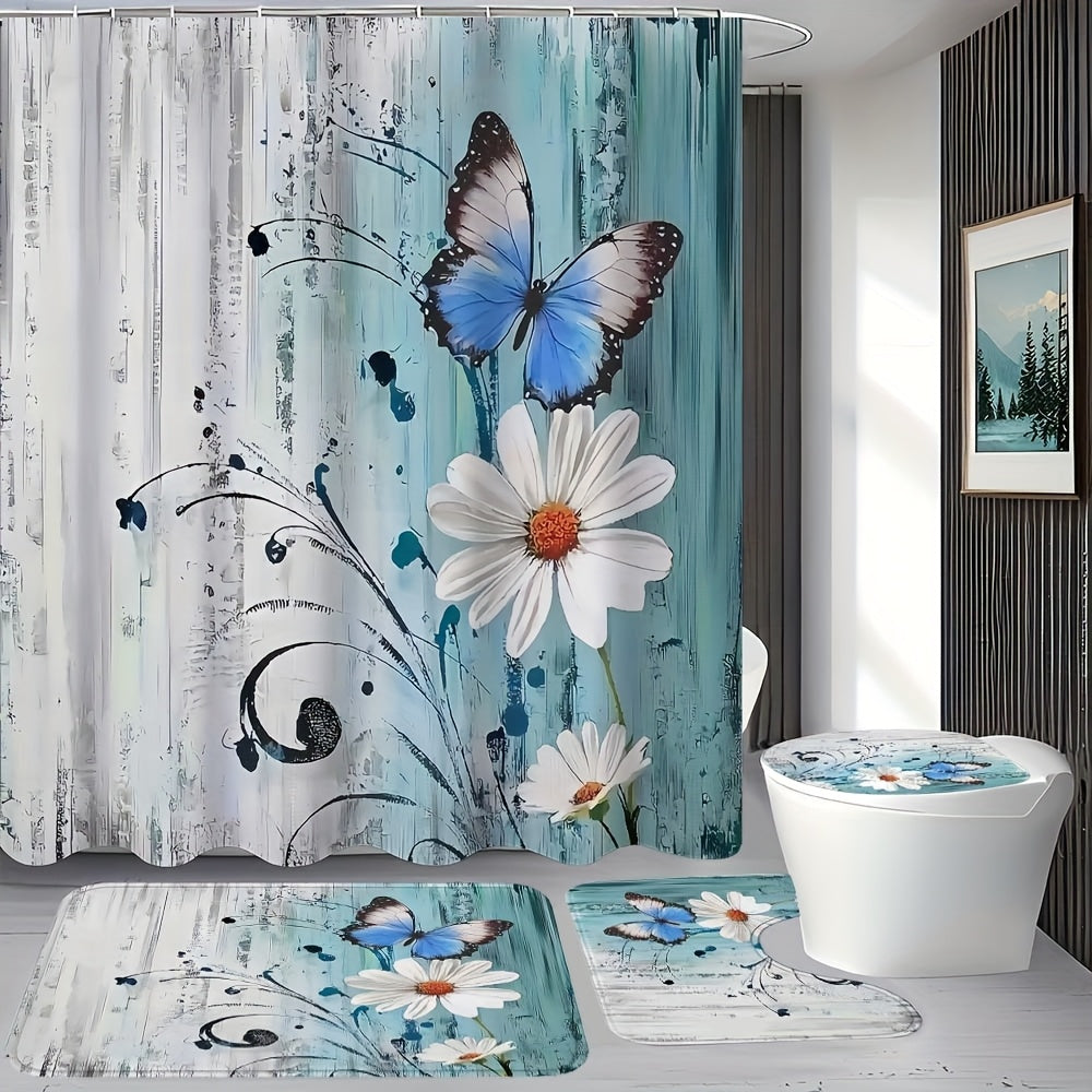 TEMU 1-4pcs Flower Pattern Shower Curtain Set, Including Waterproof Shower Curtain, Non Slip Floor Mat, Toilet Seat Cover, And U-shaped Mat, With