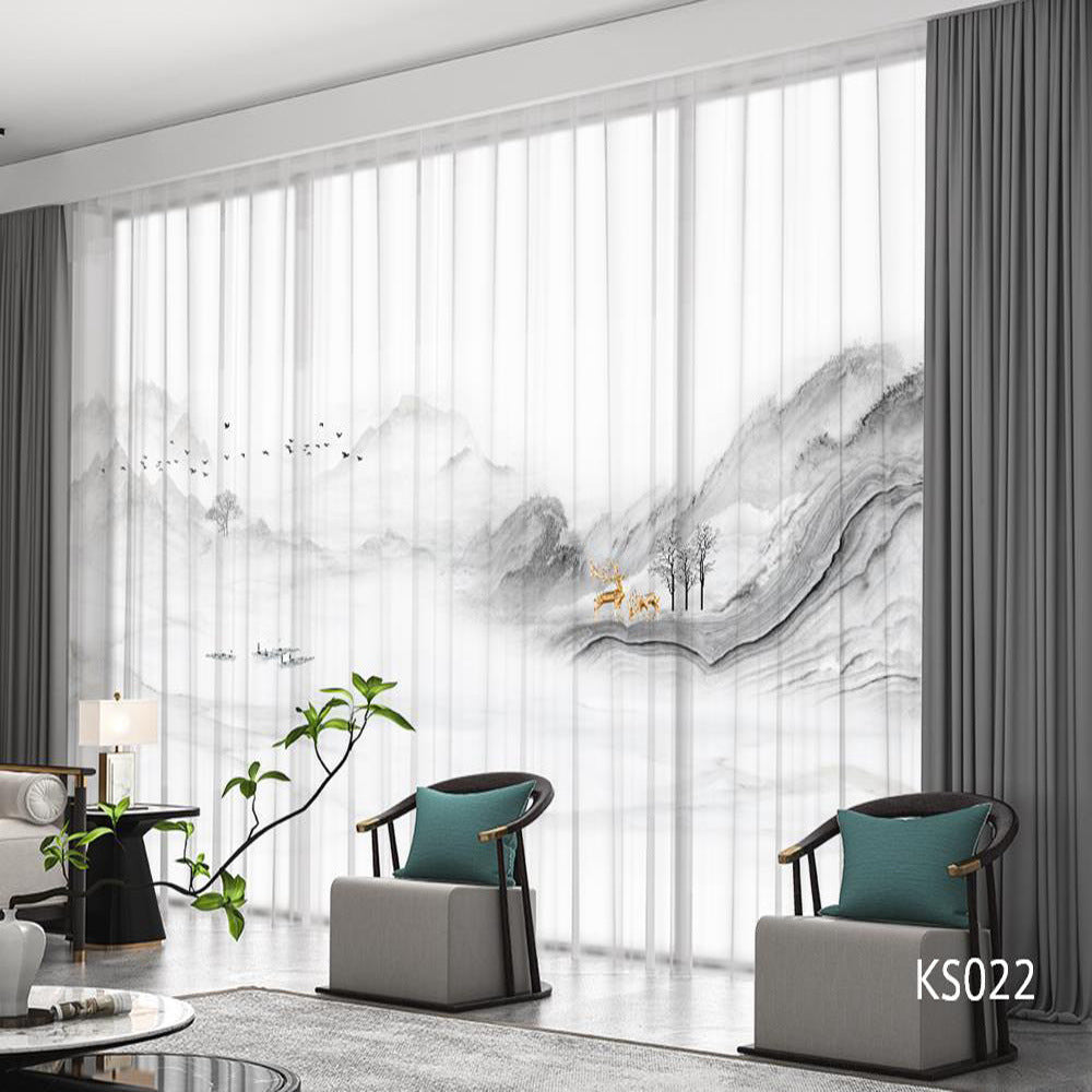 YL-36690 modern new Chinese style ink landscape painting scenery living room study high-end bedroom famous curtain Zen gauze curtain