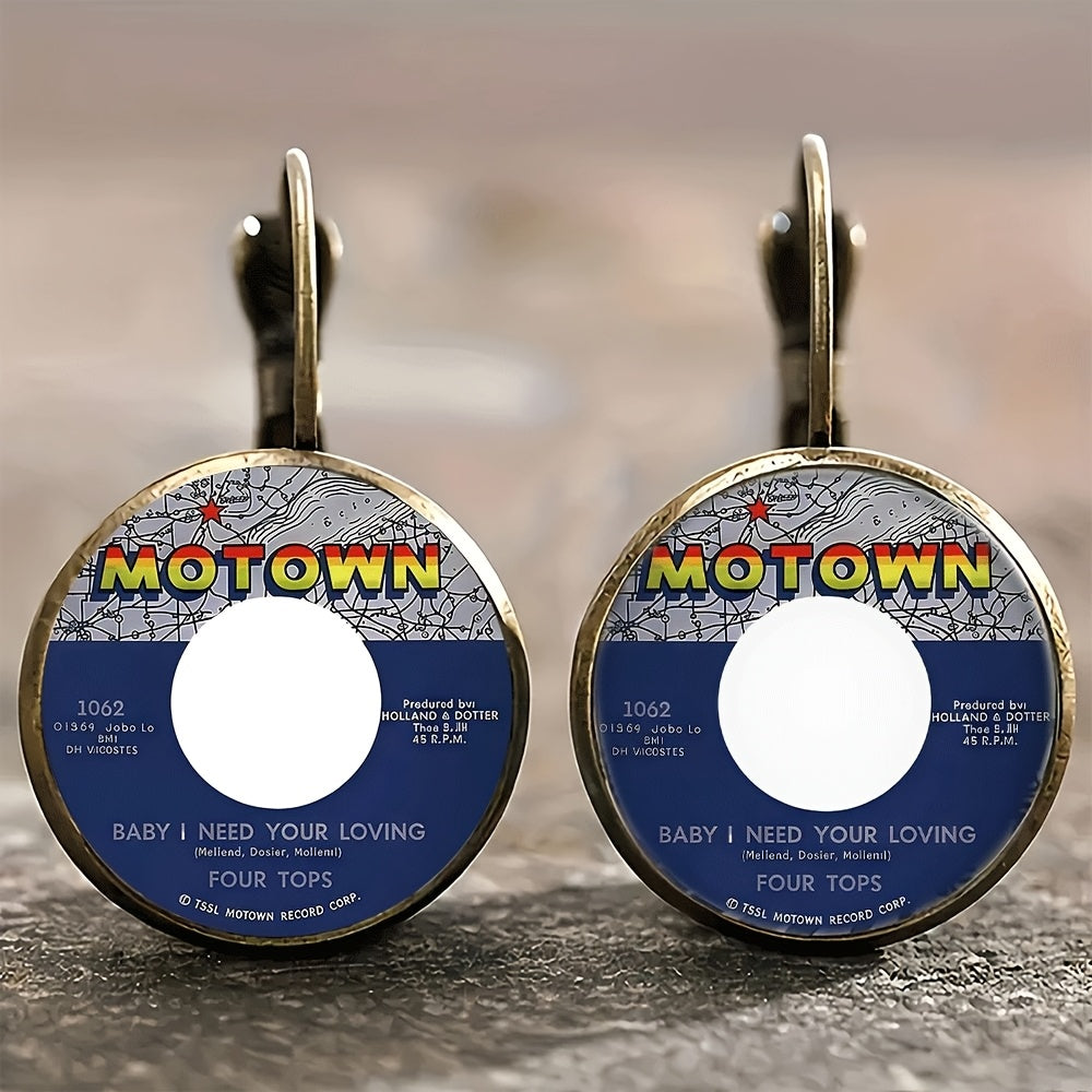 TEMU Vintage Music Label Earrings - Design With Text, Antique Gold Plating Alloy Hoops - Lightweight Everyday & Special Occasion Jewelry - Gift For