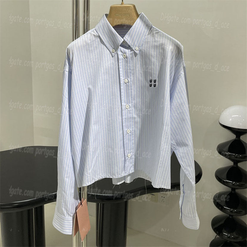 Stripped Cropped Shirts Women Button Down Blouses Designer Long Sleeve Blue Tops Elegant Casual Letters Embroidered Shirt c9