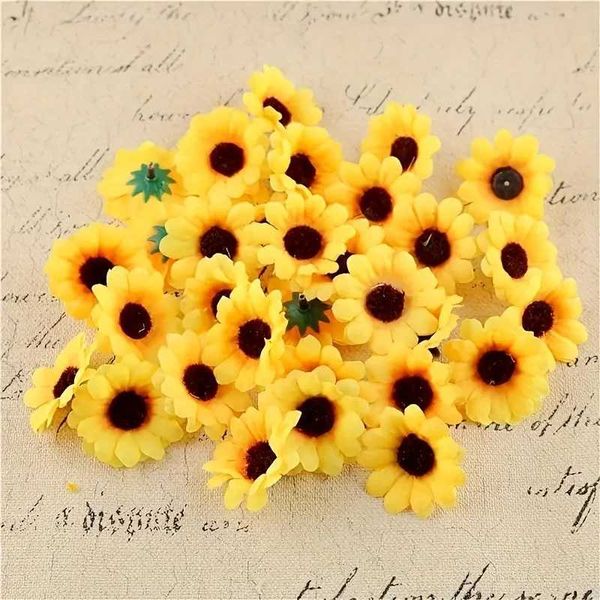 100pcs 4.5cm Mini Artificial Flower Silk Sunflower Head DIY Wreath Scrapbooking Gift Box Yellow Artificial Daisy Head Y240801