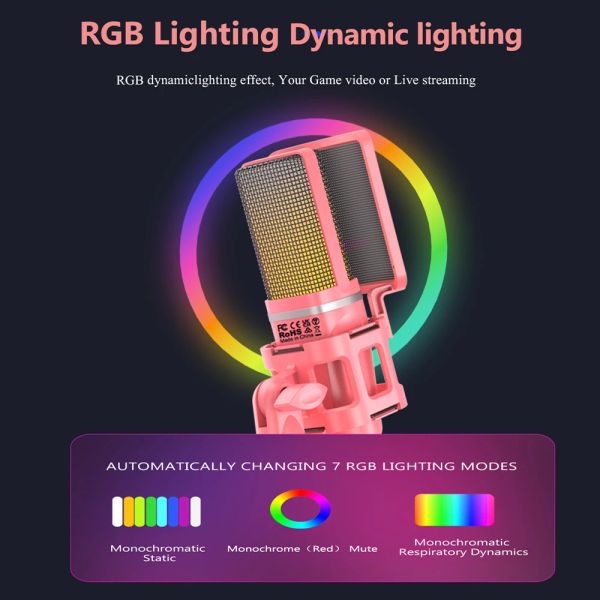 ZealSound RGB USB Condenser Microphone Studio Recording Mic for PC Computer Streaming Video Gaming Podcasting Vocal Pink Color
