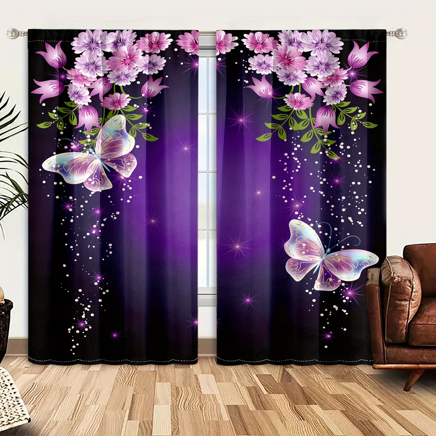 TEMU 2pcs Plant Green Leaf Flower Curtains, Beautiful Purple Curtains, Purple Background Shade Curtains, Modern Room, Bedroom, Balcony, Kitchen,