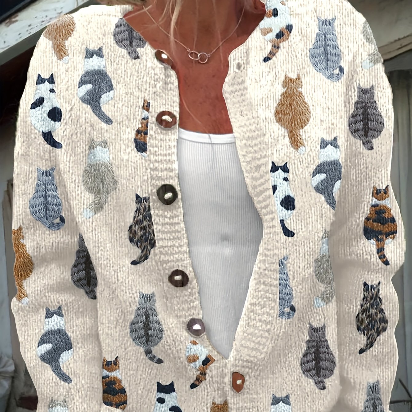 TEMU Women's Casual Cat Print Cardigan - Long Sleeve Round Neck Open Front Sweater With Button Closure, Machine Washable Spring-fall Layering Piece