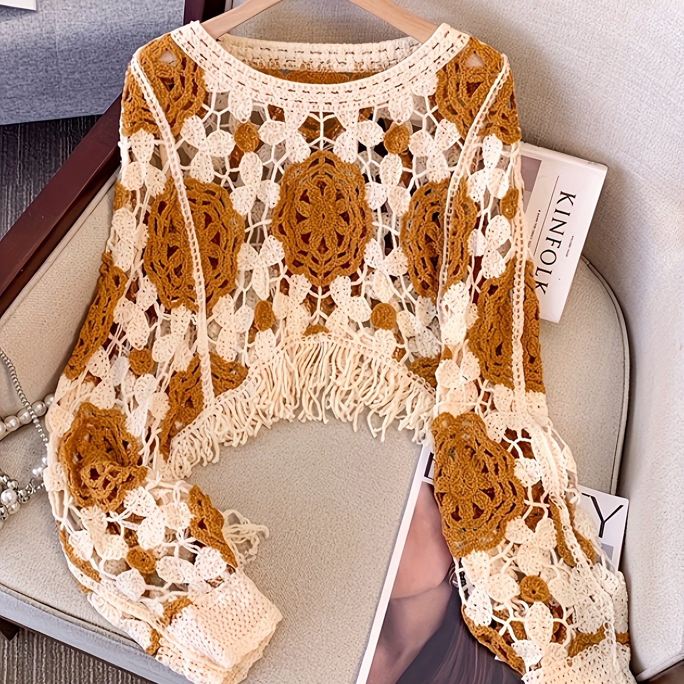 TEMU Women's Bohemian Crochet Cardigan Sweater - Long Sleeve Semi--up With Ethnic Geometric Pattern In Beige- Brown-, Loose Fit For Beach, Parties,