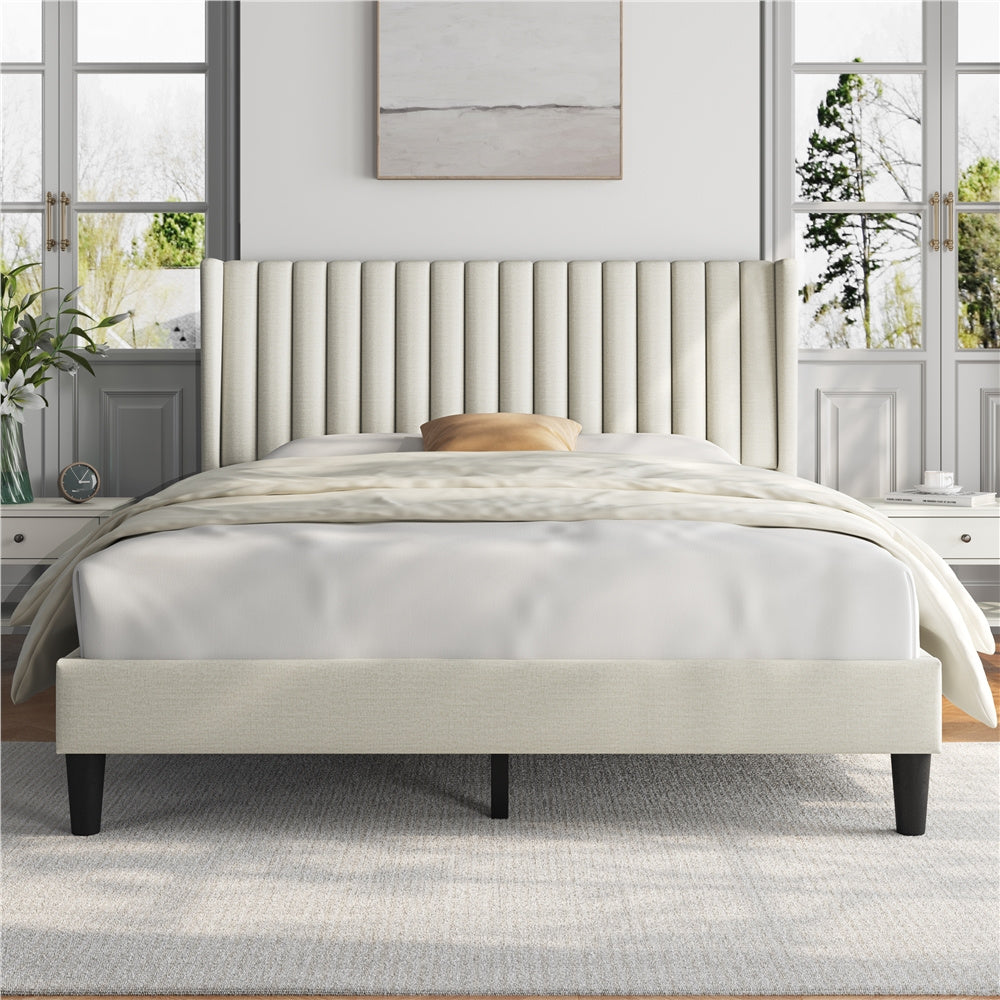 TEMU Upholstered Bed Frame Full-queen-king Size, Winged Headboard, Non-slip, Noiseless, Wooden Slats, Bedroom Furniture, Easy Setup, Spring Required,