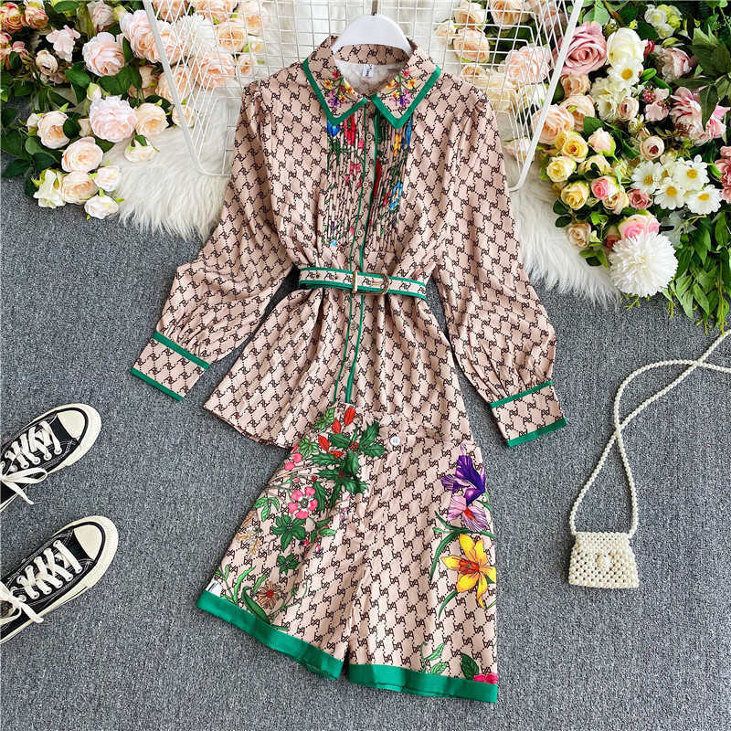 Women&#039;s Two Piece Pants Fashion Vintage Two Piece Set 2022 Summer Turn Down Collar Long Sleeves Blouse Lady Tops Shorts Women Vintage Printed C