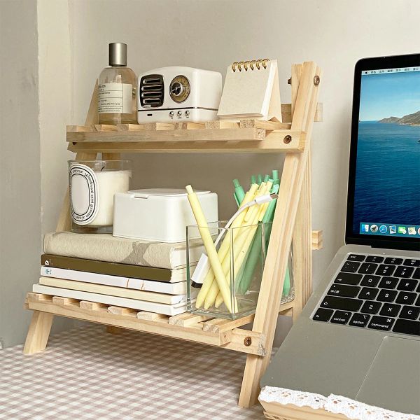 Wooden Desktop Storage Rack 2-Layer Desktop Storage Shelf Folding Desk Storage Organizer Stationary Shelf for Dormitory Bedroom