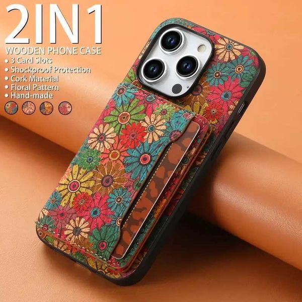 Denior is suitable for iPhone 16-15-14 Plus premium floral totem cork phone case suitable for iPhone 13-12 Pro Max card holder back cover Y2