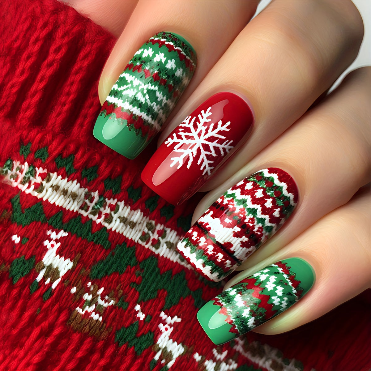 TEMU Christmas 24pcs Medium Length Glossy Green Fake Nails With Red Snowflake Design, Detachable Striped Nail Stickers For Holiday Parties And Daily