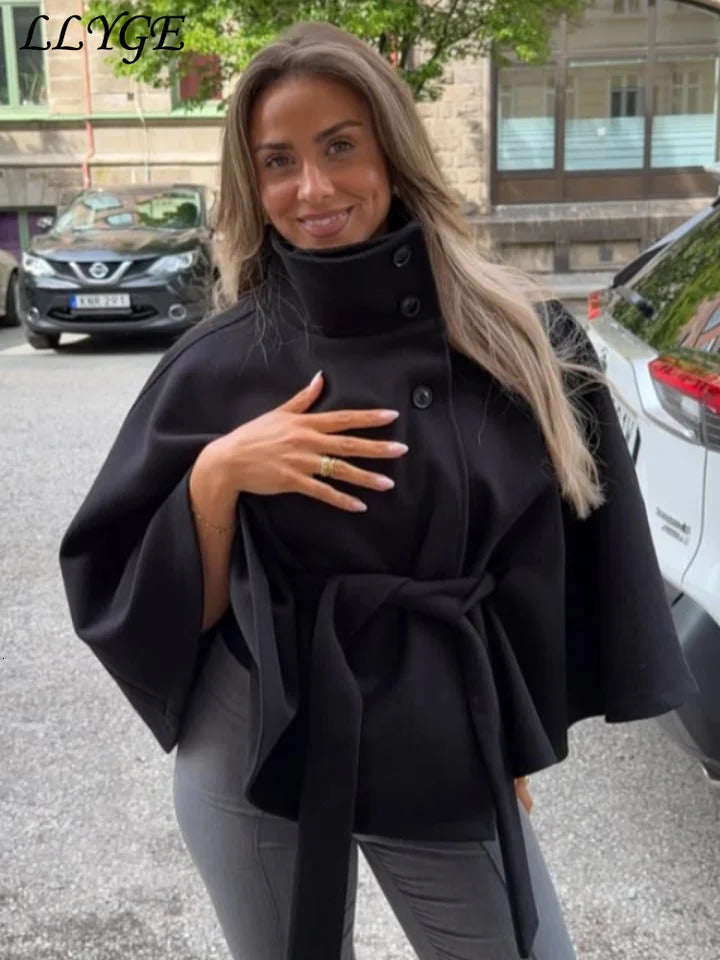 Elegant Womens Cape Belt Woolen Coats Loose Stand Collar Singlebreasted Batwing Sleeve Jacket 2025 Autumn Lady Chic Outwear 250808