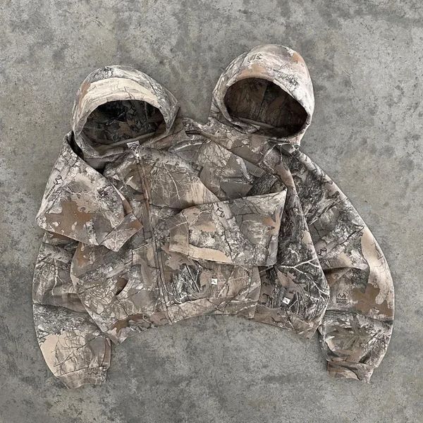 Y2K Zipper Hoodie Retro Retro de tamanho grande Camuflagem Sorto American Street Hip Hop Clothing Neutro 241211