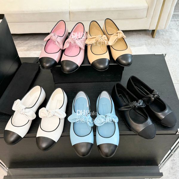High quality New Bow Ballet flats Mary Jane shoes with strap Bowtie Flat loafers Dress shoes slip on sandal Real leather Luxury designer sho