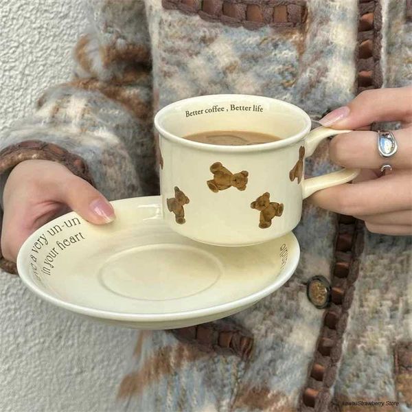Kawaii Bear Coffee Cup and Sauce Cute Creative Ceramic Coffee Cup Set Korean Home Office Milk Tea Breakfast Cup Gift Y240102