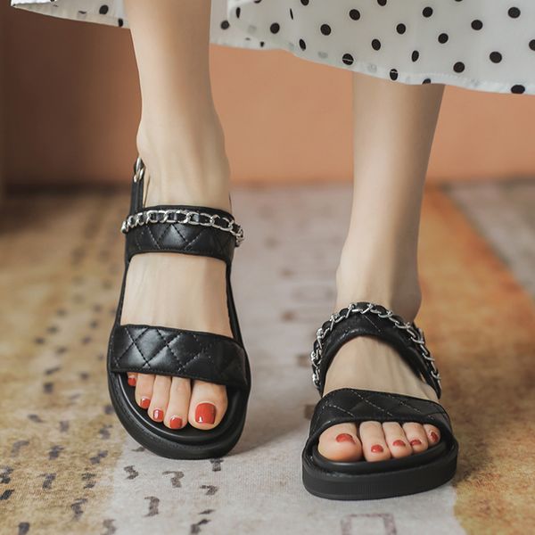 Classic Brand Quilted Sandals Woman Stitch Plaid Shoes Silver Chain Muffins Slippers Slingback Flipflops Thick Soled Sandalias