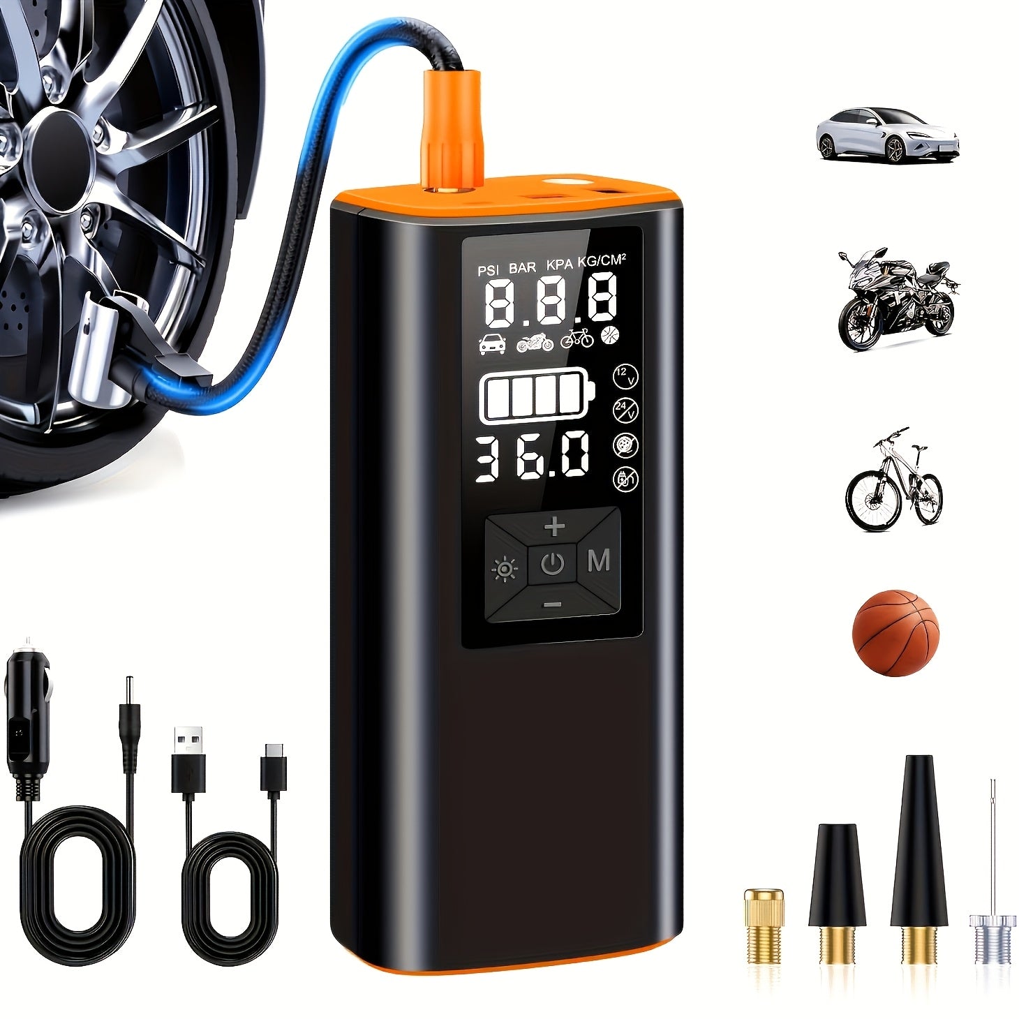 TEMU Portable Air Compressor Tire Inflator - 150 Psi Gas Pump, Suitable For Cars With Pressure Gauge And Led Light, 3x Faster Inflation Cordless