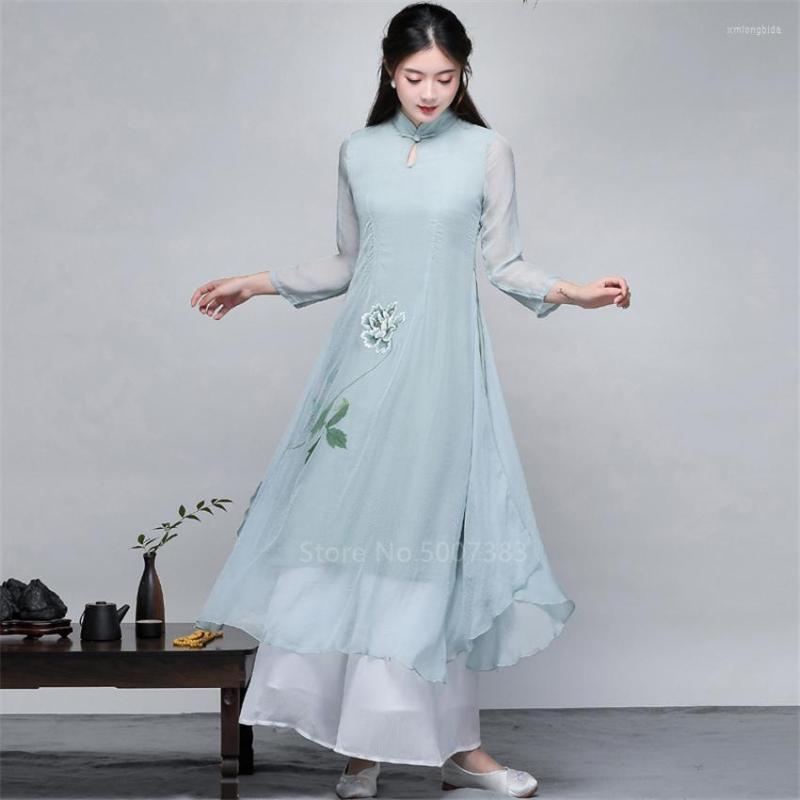 Ethnic Clothing Women Elegant Ao Dai Long Sleeve Summer Chiffon Vietnam Dress 2022 Retro Stand Collar Cheongsam Asian Clothes Qipao