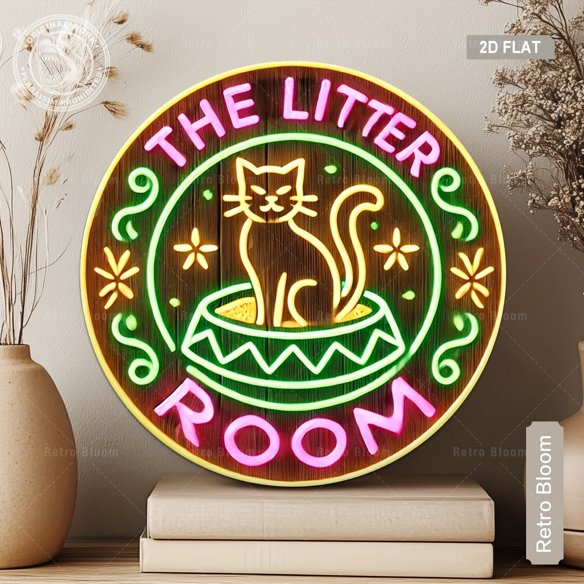 TEMU 1pc "the Litter Room With Cat" Neon-style Round Aluminum Sign - 7.87in-20cm Retro Wall Art, Durable & Waterproof, Vintage Decor For Home, Bar,