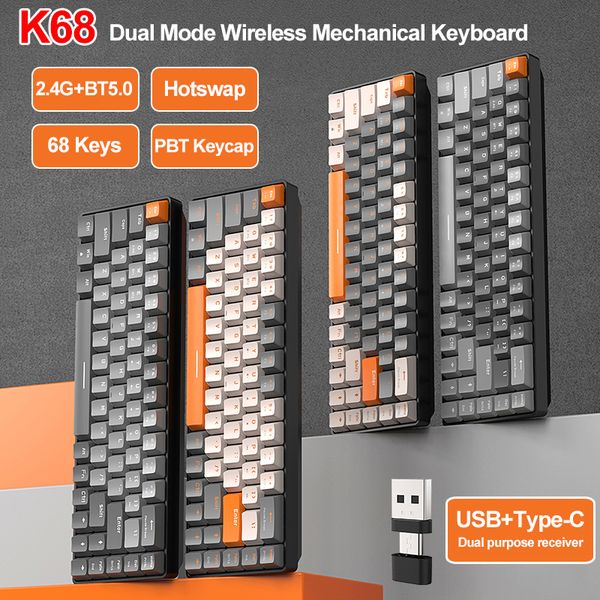 K68 Mini Gaming Mechanical Keyboard 68 Keys Hotswap 2.4G-BT5.0 Wireless Gaming Keyboard PBT Keycaps 60% 65% Ergonomics Keyboards