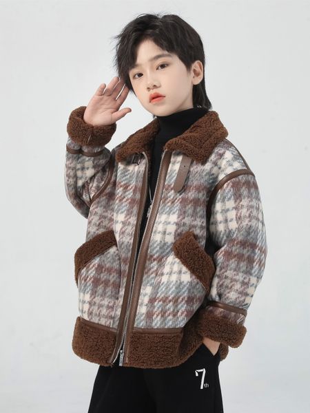 Boys plush warm jacket for children&#039;s autumn and winter wear, new Korean version of western-style children&#039;s clothing plaid fur in