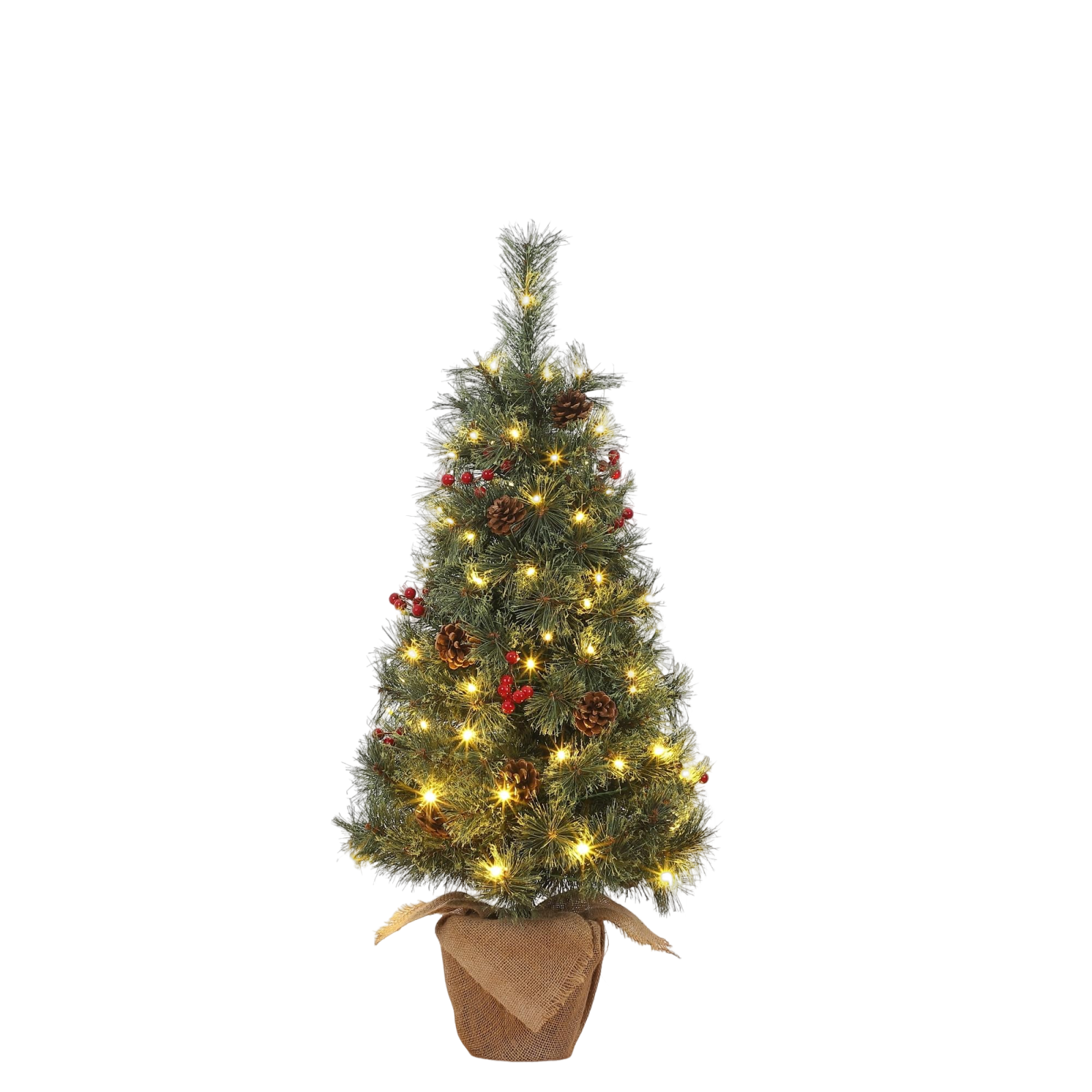 Garvee 3ft Pre-lit Flocked Mini Christmas Tree with 70pcs Warm White Light Beads, Artificial Tabletop Small Christmas Tree with a Decorative Burlap Ba