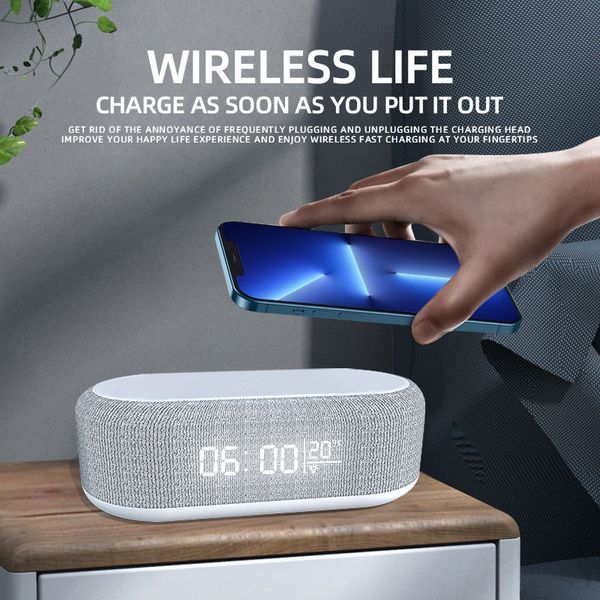 Wireless Cell Phone Charger Alarm Clock Time LED Light Thermometer Earphone Phone Charger 15W Fast Charging Dock Station for iPhone Samsung