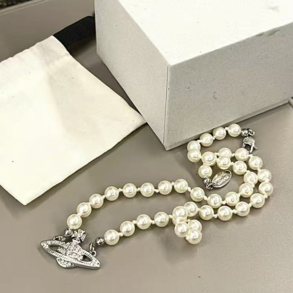 Designer Western Empress Dowagers Hot Saturn Pearl Necklace Womens High Edition Full Diamond Collar Chain Necklaces For Women Jewelry 2025