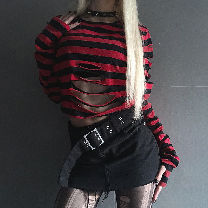 Women&#039;s T Shirts InsGoth Striped Sweaters Street Cutout Christmas Loose Dark Long Sleeves Tops Y2K Gothic Harajuku Grunge One-Neck winter Pullo