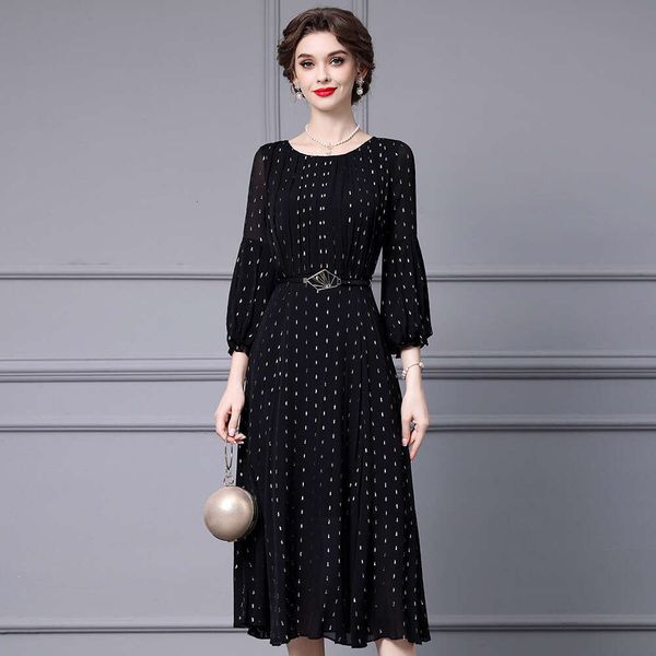Black Mature Elegant Temperament Waist Cinching and Slimming Lantern Sleeves Large Swing Artificial Silk Polka Dot Dress 2024 Autumn Waist L