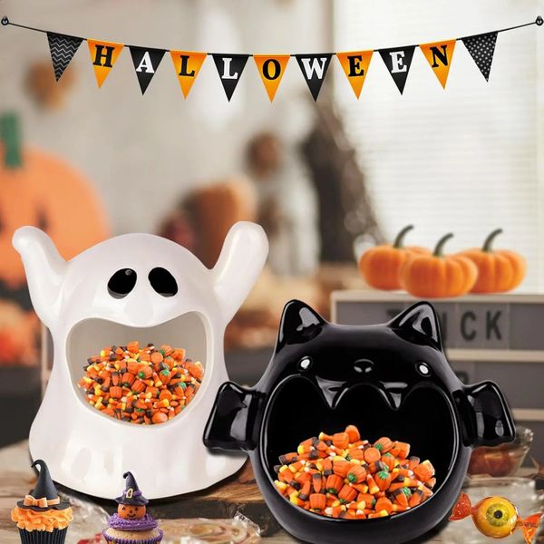 2pcs Halloween Candy Bowls Halloween Candy Dish Candle Holder Bat Ghost Ceramic Dish for Ornament Tableware Party Decor 240912