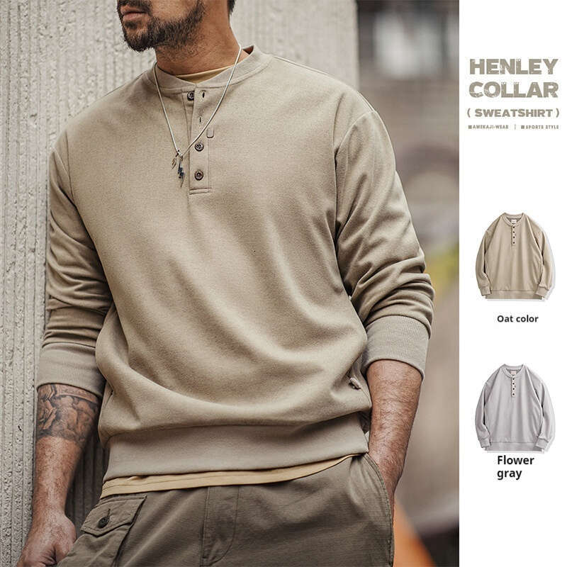 Madden Workwear American Casual Henry Collar Woolen Hoodie Gray Style Cleanfit Long Sleeved Bottom Shirt Men&#039;s Spring