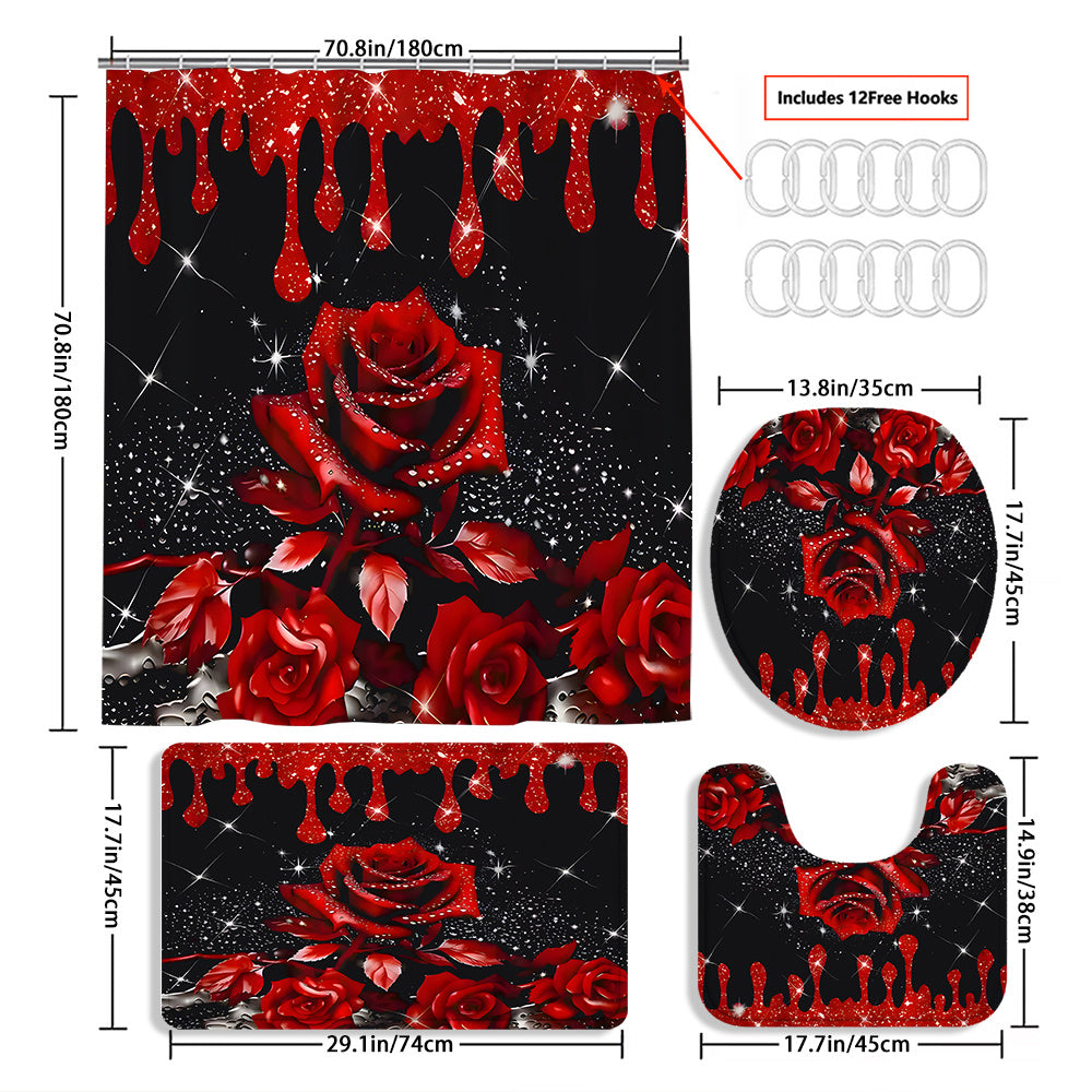 TEMU 4pcs Curtain Decoration, Beautiful Housewarming Gift Decor, Waterproof Shower Curtain And Toilet Floor Mat 3pcs Set With 12 Shower Curtain Hooks