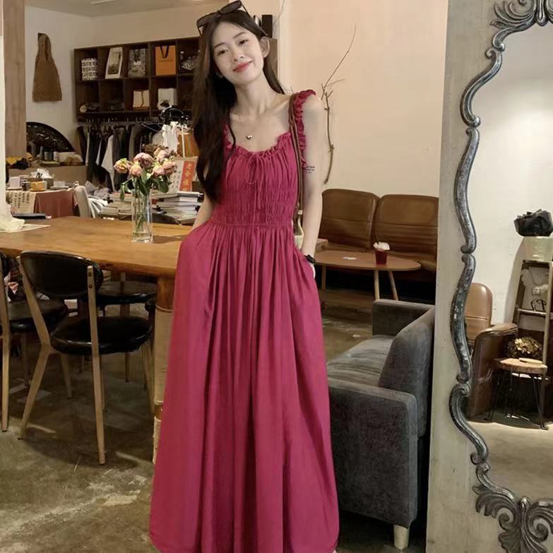189 Large Size French Retro Red V-Neck Suspender Skirt Pleated Waist Large Swing Dress Female Super Fairy Sweet Long Skirt