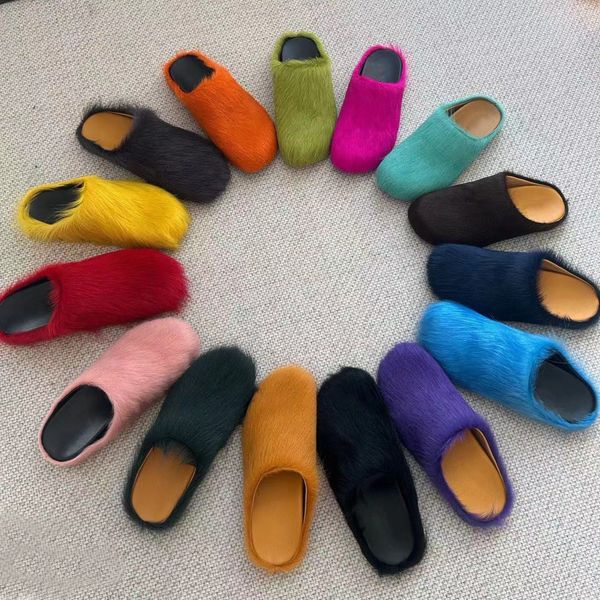 designer long hair shoes horsehair slipper fashion men women casual baotou slipper fussbett sabot sandals calfskin leather shearling mules s