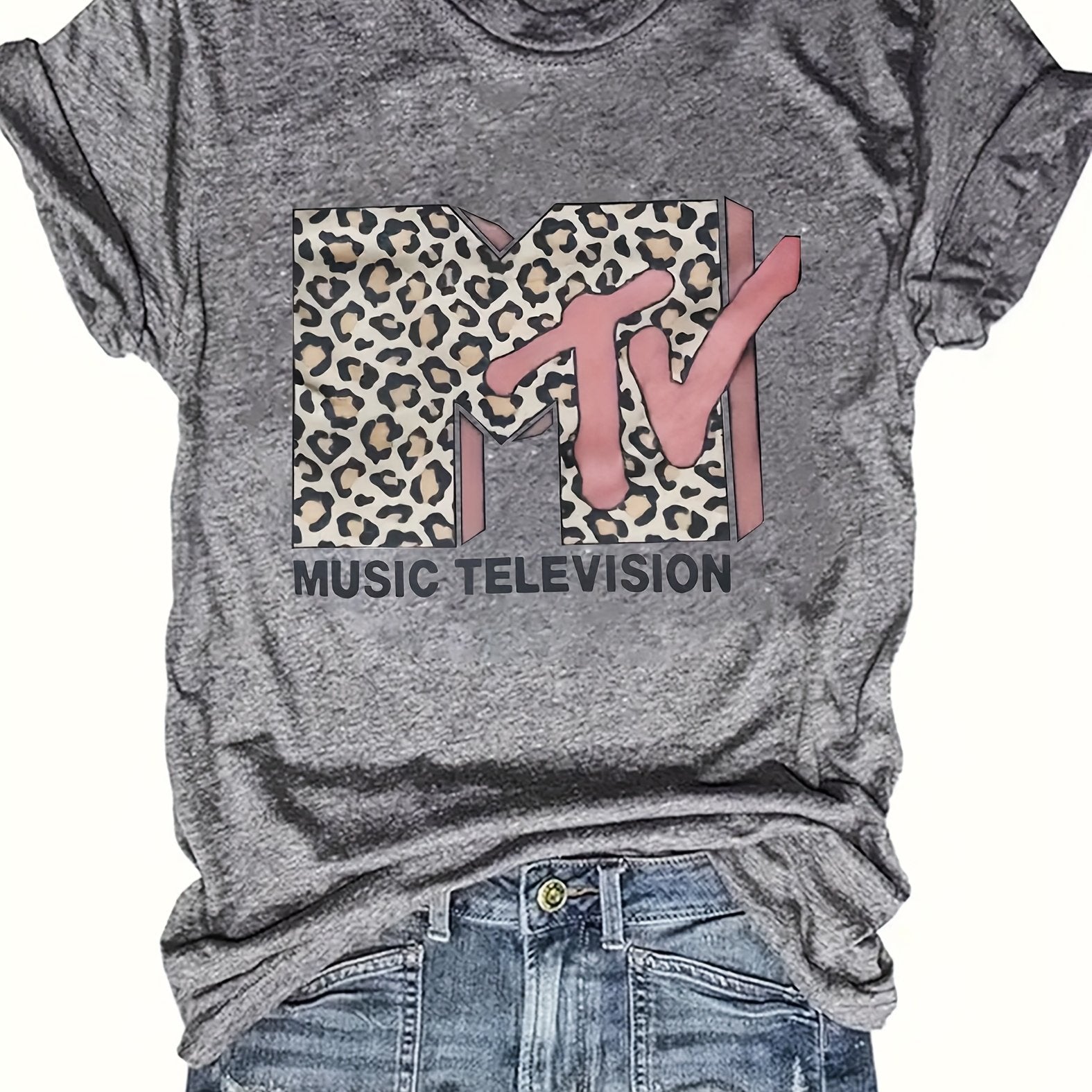TEMU Women's Mtv Logo-inspired T-shirt With & Print - Soft Casual Round Neck For 80s Nostalgia Fans, Mtv Events & Casual Attire (machine Washable)
