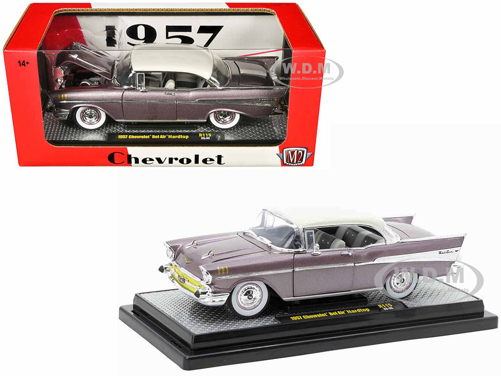 1957 Chevrolet Bel Air Hardtop Purple Metallic with Cream Top Limited Edition to 6250 pieces Worldwide 1-24 Diecast Model Car by M2 Machines
