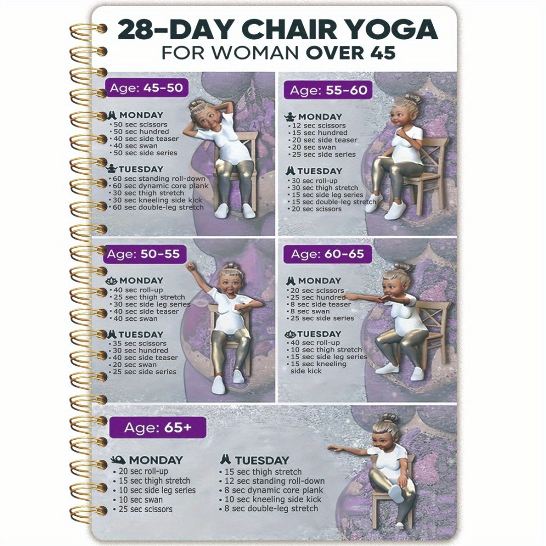 TEMU Elderly Chair Yoga Spiral Notebook With 28-day Full-body Workout Plan - A5 Thick Cover (5.5"x8.3") For Seniors, Beginners & Office Workers -