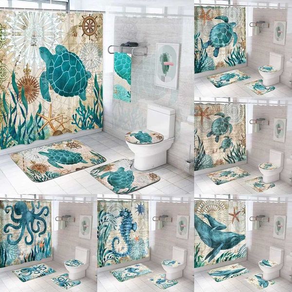 Turtle Shower Curtain Set Waterproof Ocean Retro Animal Bathroom Curtains Bathtub Curtains Bath Mat Carpet Toilet Lid W240808