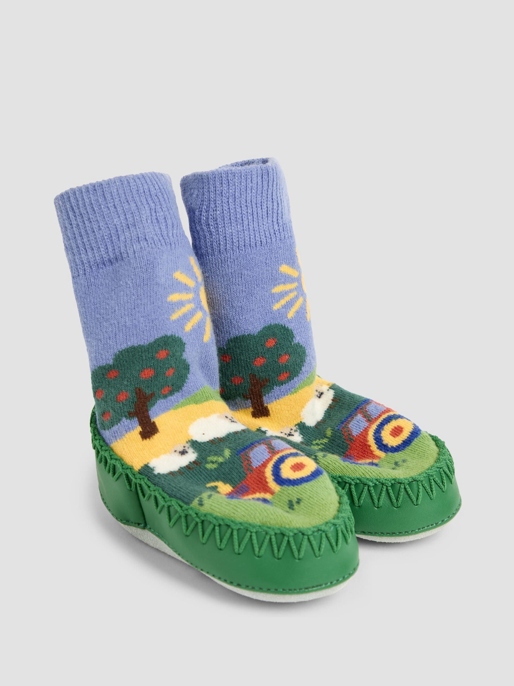 Farm Scene Moccasin Slipper Socks in Blue 6-12 Mths