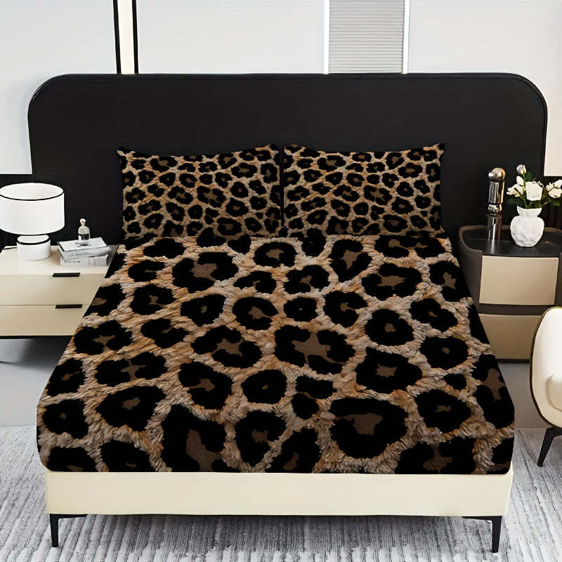 TEMU 3pcsfitted Sheet Set, 1fitted Sheet + 2 Pillowcases," Festive Leopard Print Bed Skirt For Decor, Elegant And Stylish Design" Soft And Machine