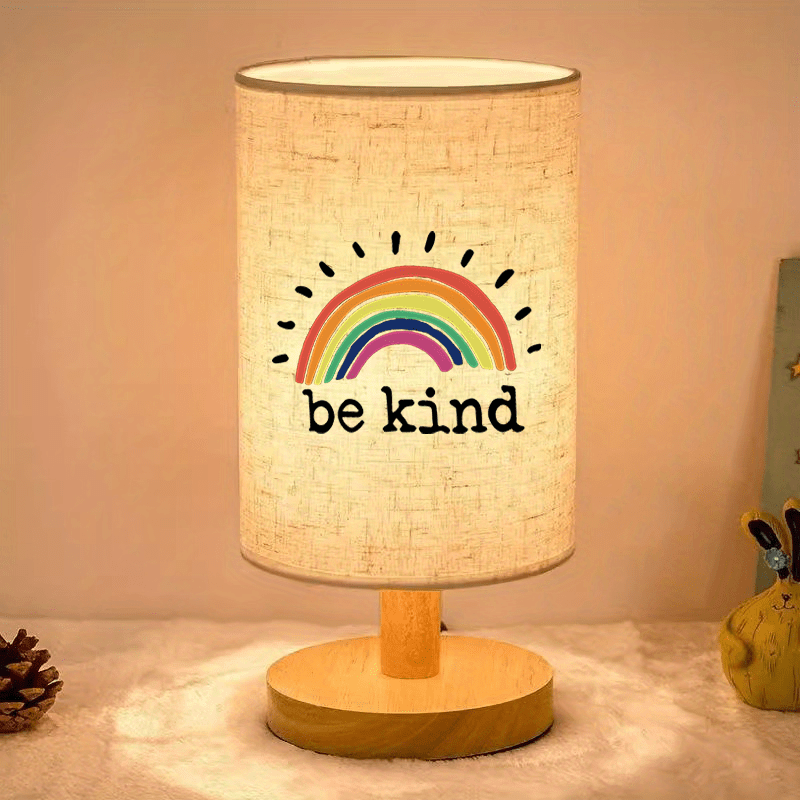 TEMU Modern Usb-powered Linen Table Lamp With Rainbow "be Kind" Design – Warm Bedside Or Desktop Decor For Living Room & Bedroom, Perfect Gift For ,