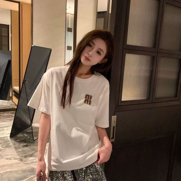 Womens T Shirt Designer Tshirt Women Fashion Letter Embroidery Graphic Tee Chest Beading Classic Round Neck Shirts Top Casual Short-sleeved