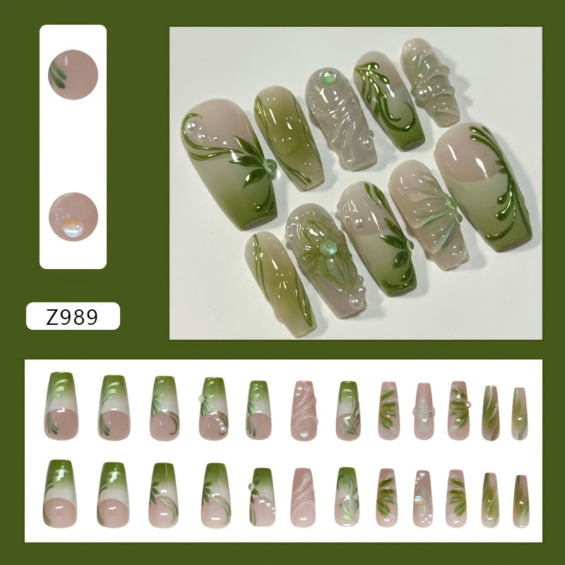 TEMU Elegant Green Gradient 3d Vine & Press-on Nails - Almond Shape Medium Length Glossy French Manicure With Detachable Design For Versatile Wear