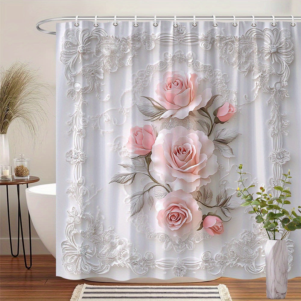 TEMU 1pc Elegant Shower Curtain - Vintage Floral Bathroom Decor With Soft & Silvery Leaves, Large Bathroom Window Curtain (70x70 Inches), Includes 12